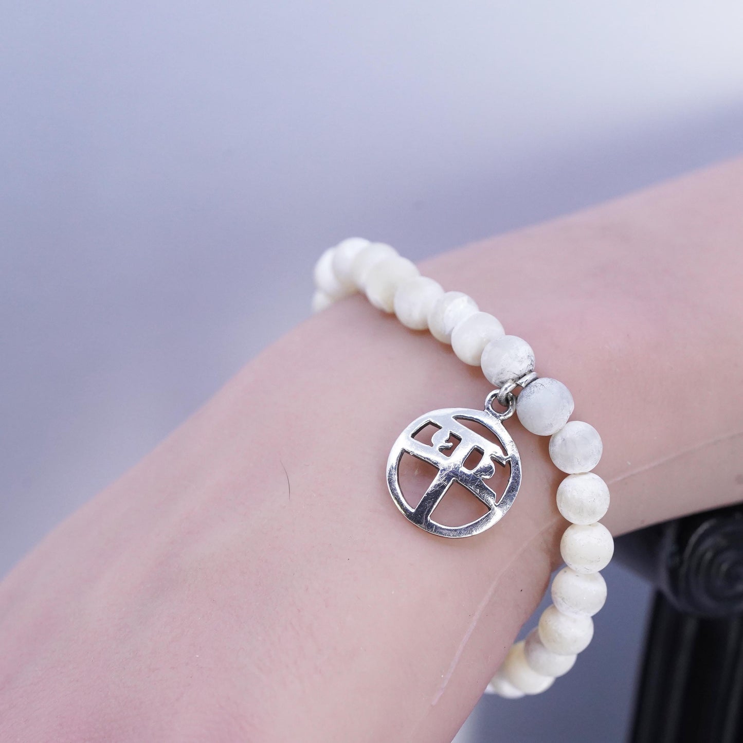 6.5", Sterling 925 silver stretchy bracelet moonstone beads “balance” charm