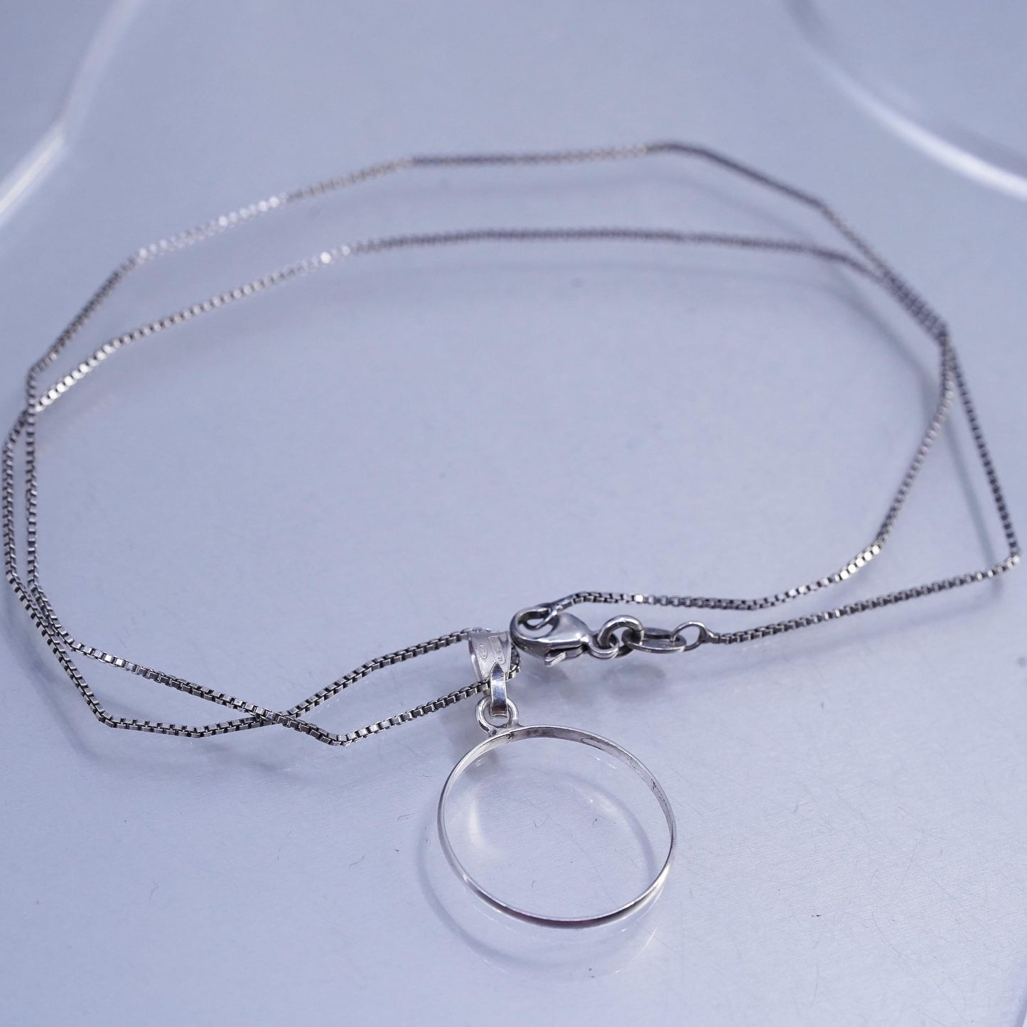 18", vintage Sterling 925 silver box pendant necklace with circle pendant