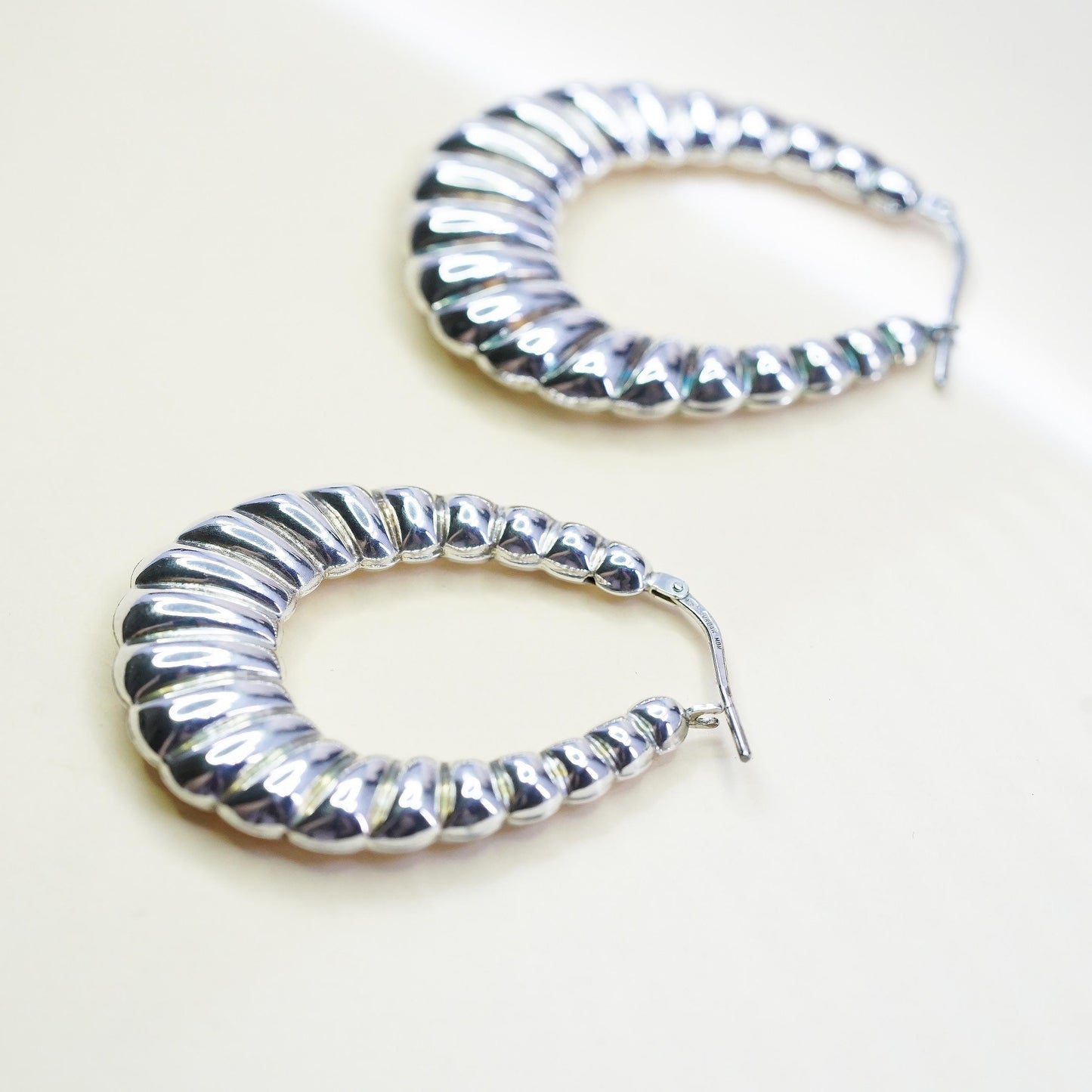 1.5”, Vintage Jordan 925 Sterling Silver Ribbed Hoops, Large Teardrop Earrings,