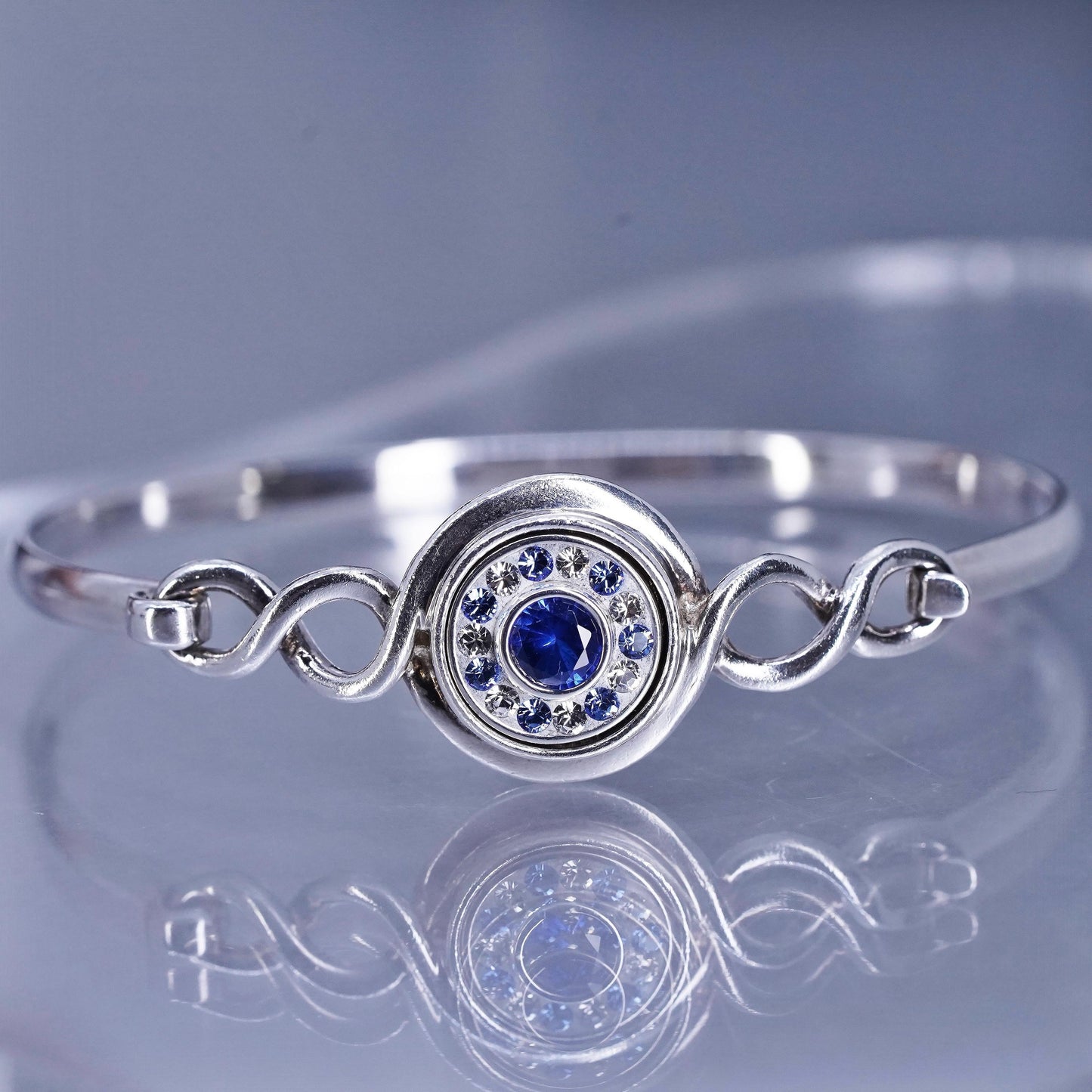 7”, Sterling 925 silver bracelet, hinged interchangeable bangle crystal inlay