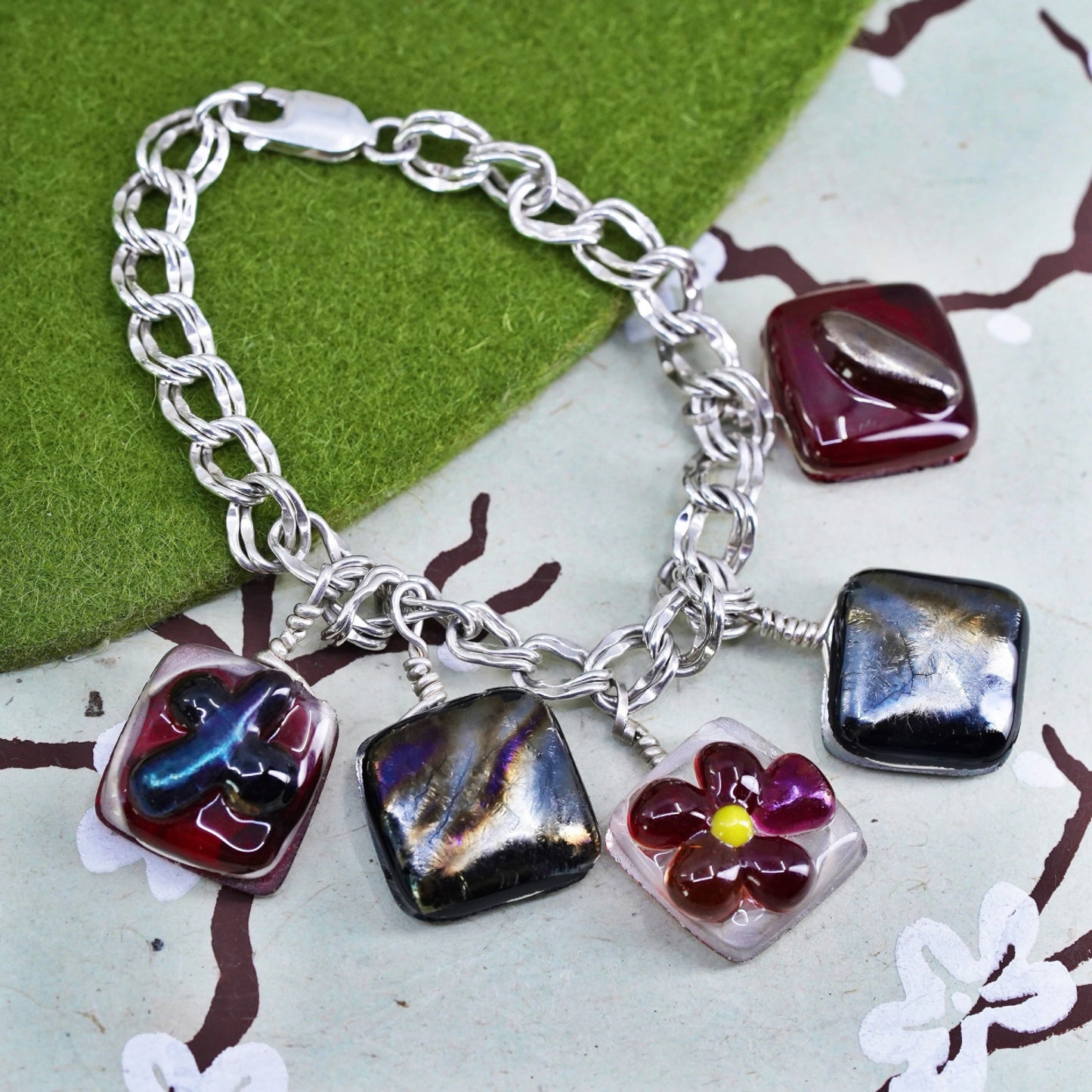 6.5”, Vintage sterling 925 silver double curb bracelet with flower glass charms