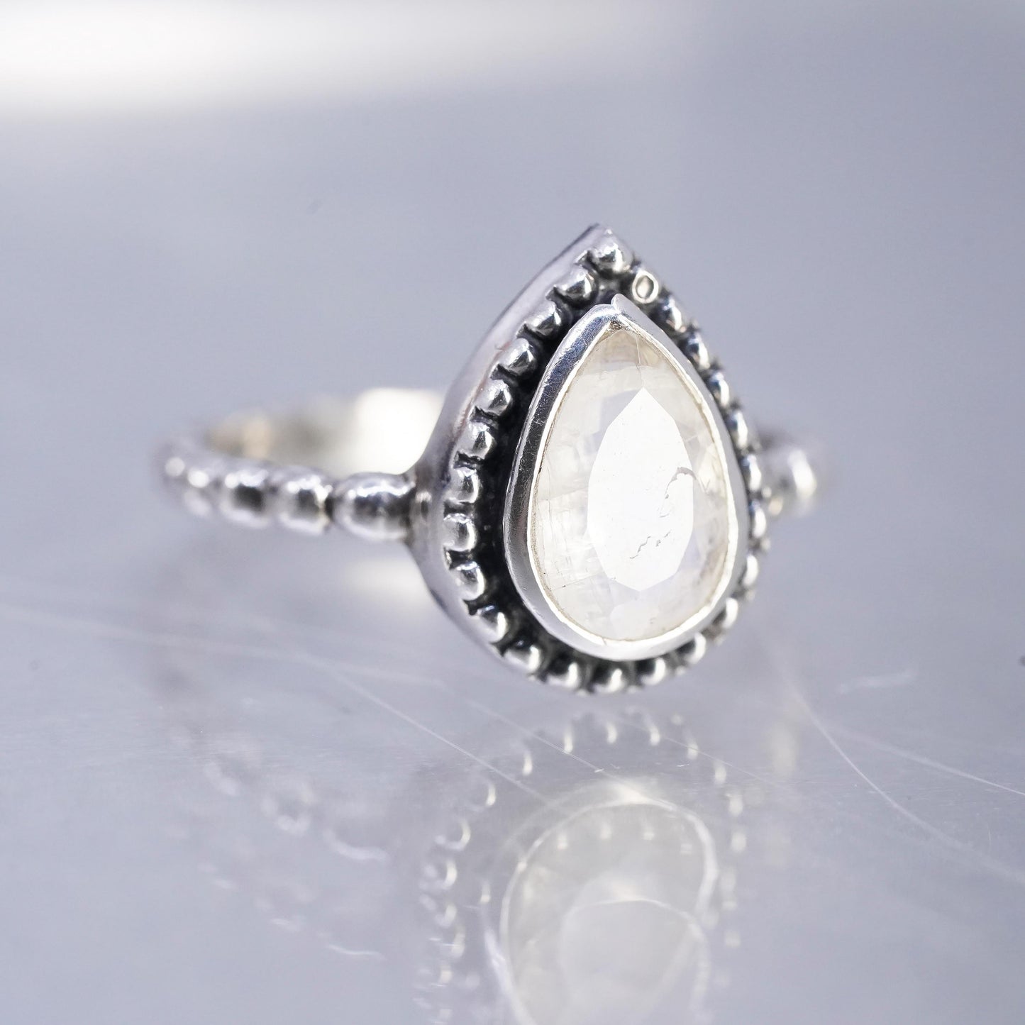 Size 7.25, YS Sterling 925 silver handmade beaded ring with teardrop moonstone