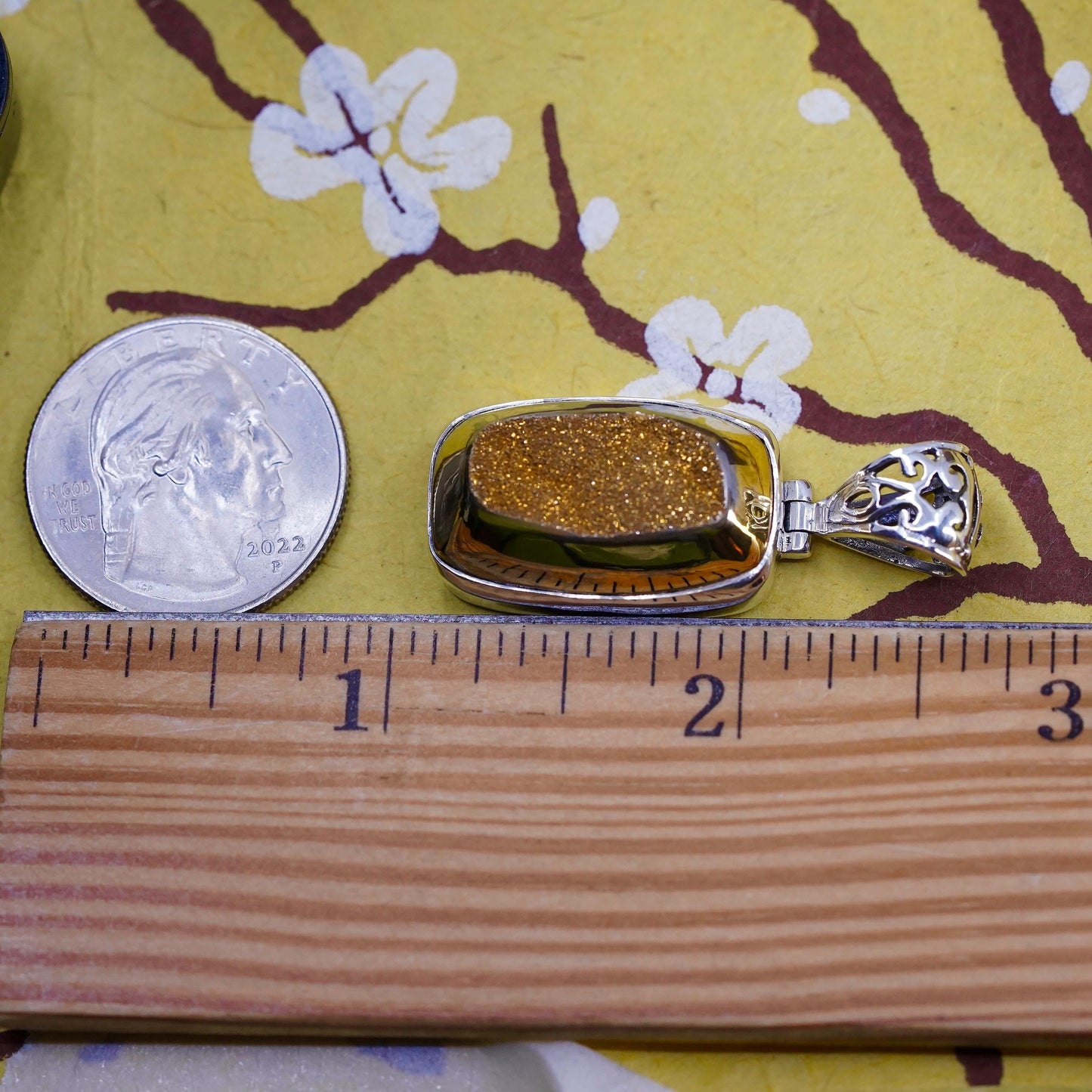 Vintage Sterling 925 silver handmade pendant with golden druzy stone