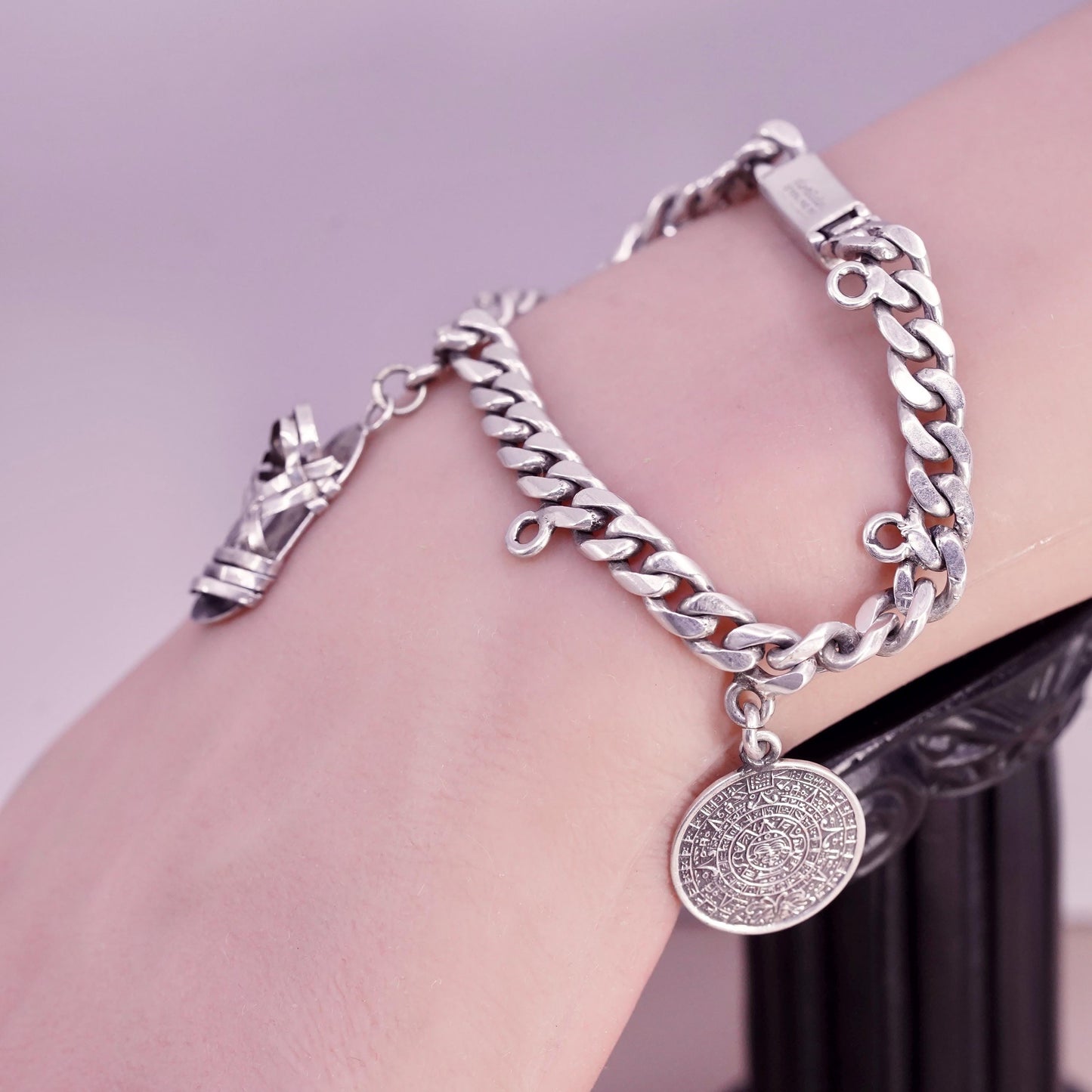 6.75” Castelan sterling silver bracelet, 925 curb chain 2 charms Mayan calendar