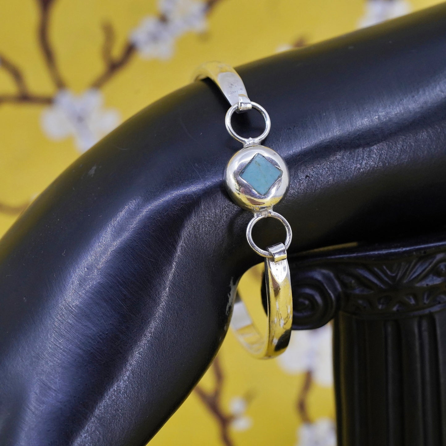 6.5”, Sterling silver handmade bracelet, Mexico 925 hinged bangle w/ turquoise