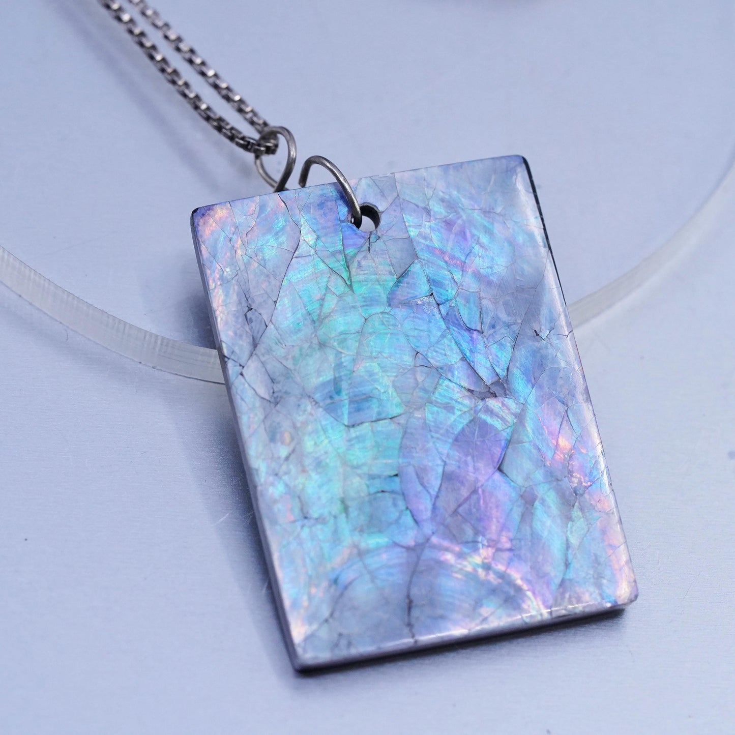 17" 1mm, vintage Sterling 925 silver box necklace with abalone shell pendant