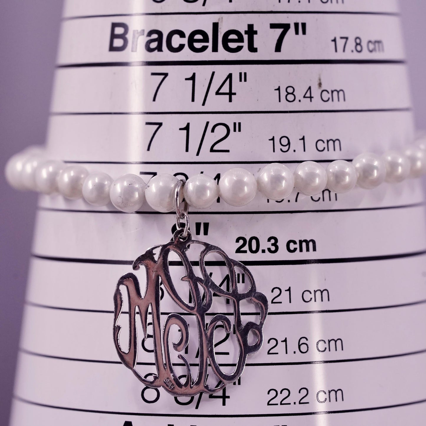 7.75", Sterling silver handmade bracelet, 925 monogram LMC charm pearl beads