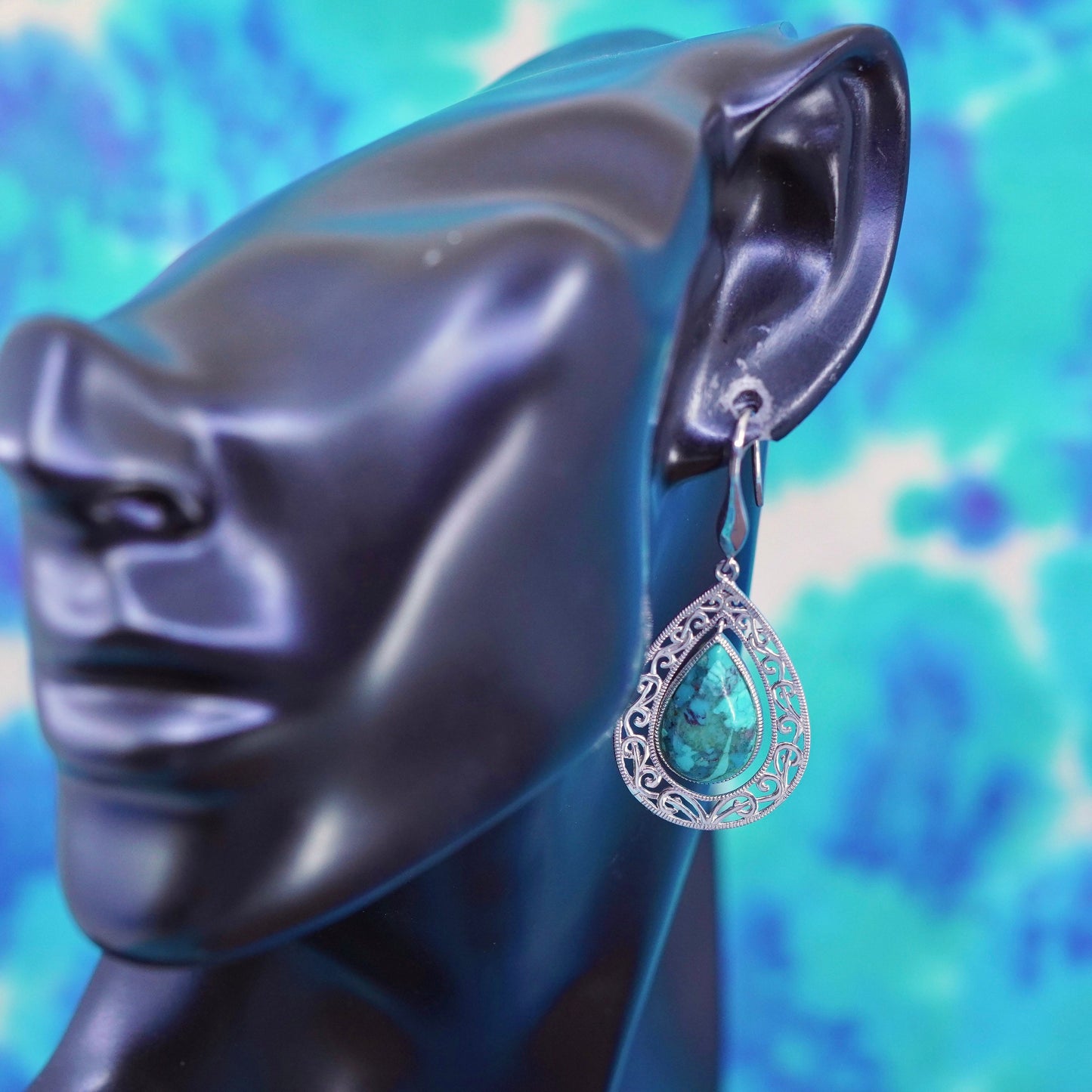 southwestern Sterling 925 silver filigree teardrop earrings with turquoise
