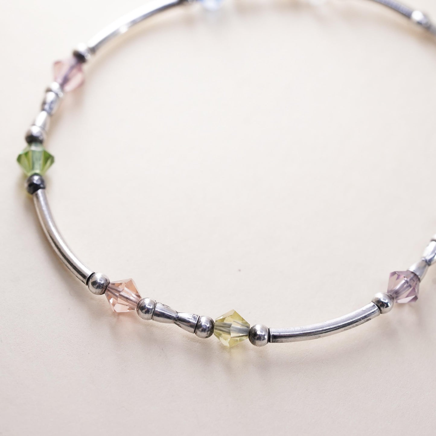 7.5", Vintage sterling silver bracelet, 925 silver cube bangle w/ crystal beads