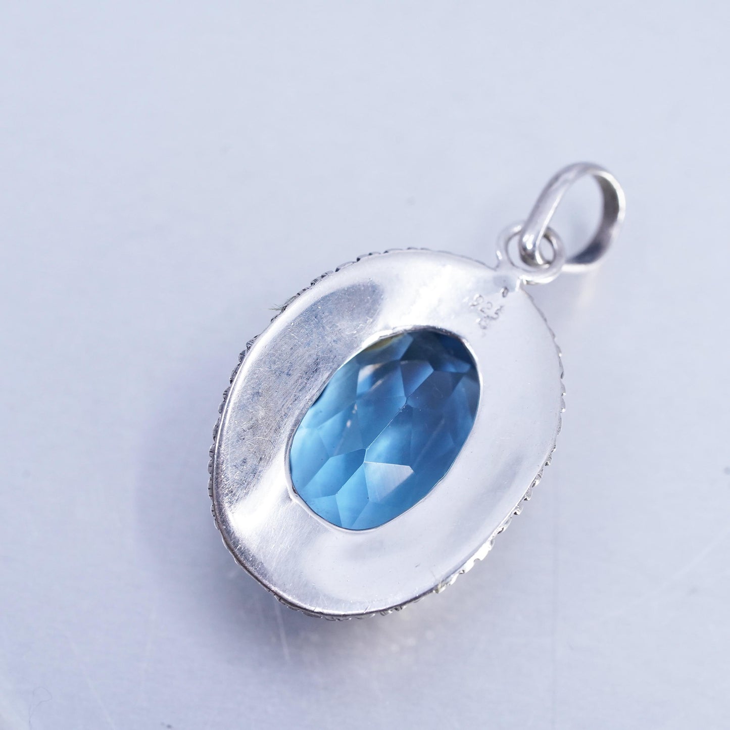 Sterling 925 Silver Blue Topaz Pendant, Oval Faceted Jewelry, Ornate Filigree