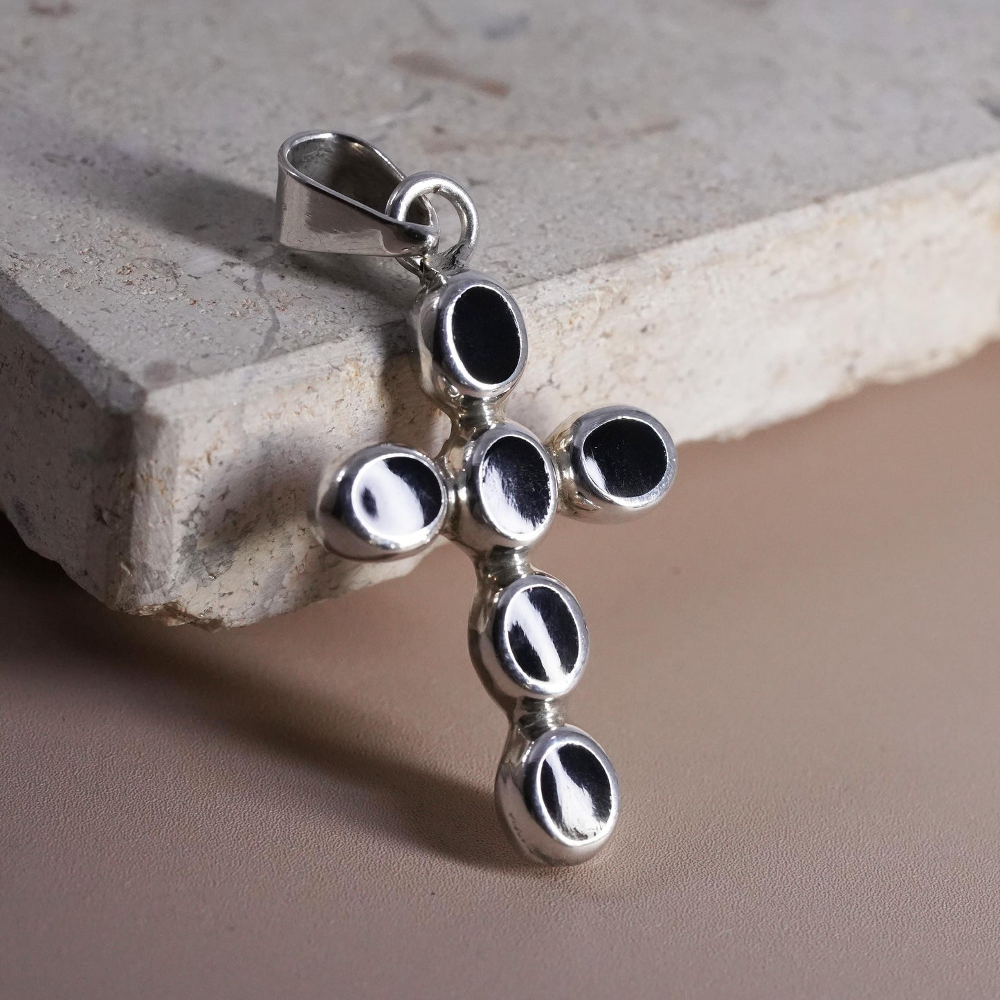 Vintage Sterling 925 silver handmade cross pendant with black onyx