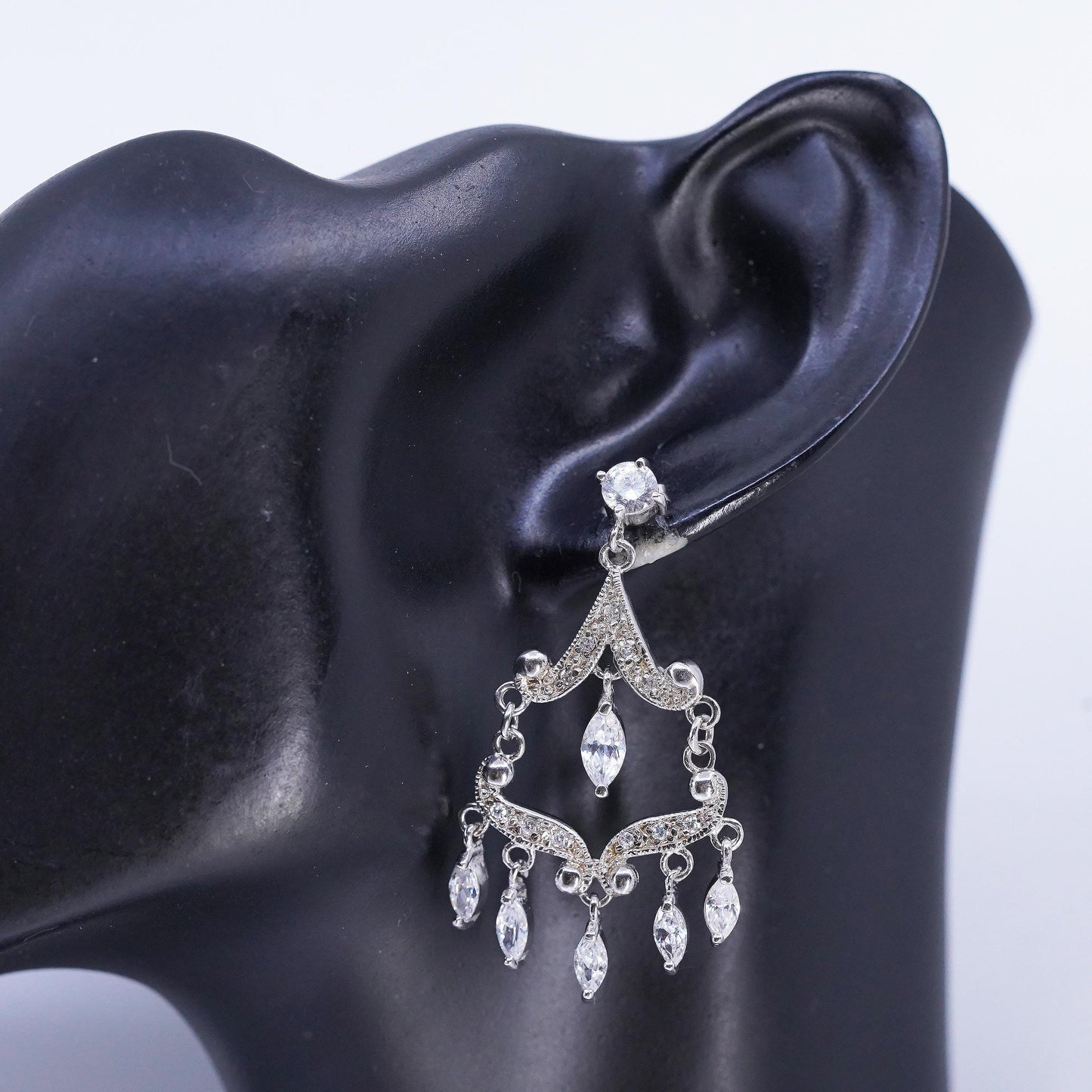Vintage Sterling Silver CZ Chandelier Earrings, Dangles, Bridal Wedding Jewelry