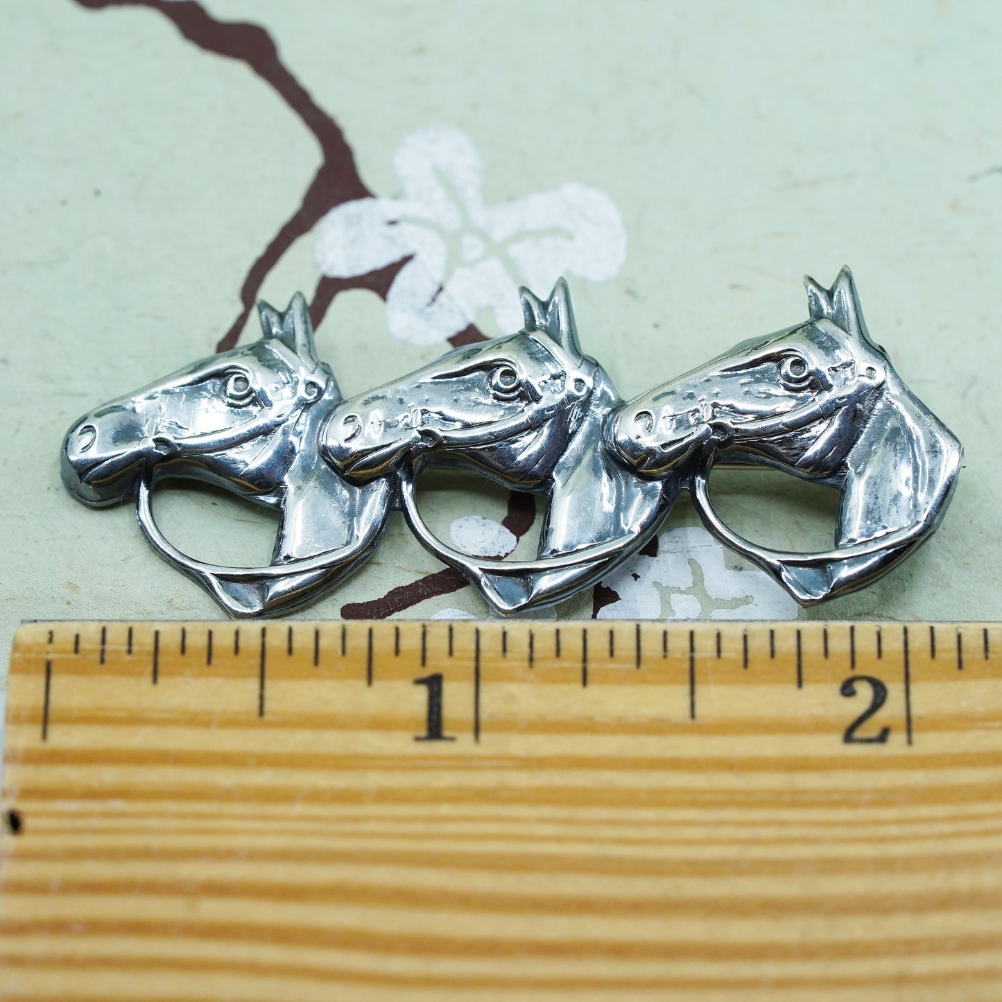 Vintage Lang sterling silver handmade brooch, solid 925 silver horses