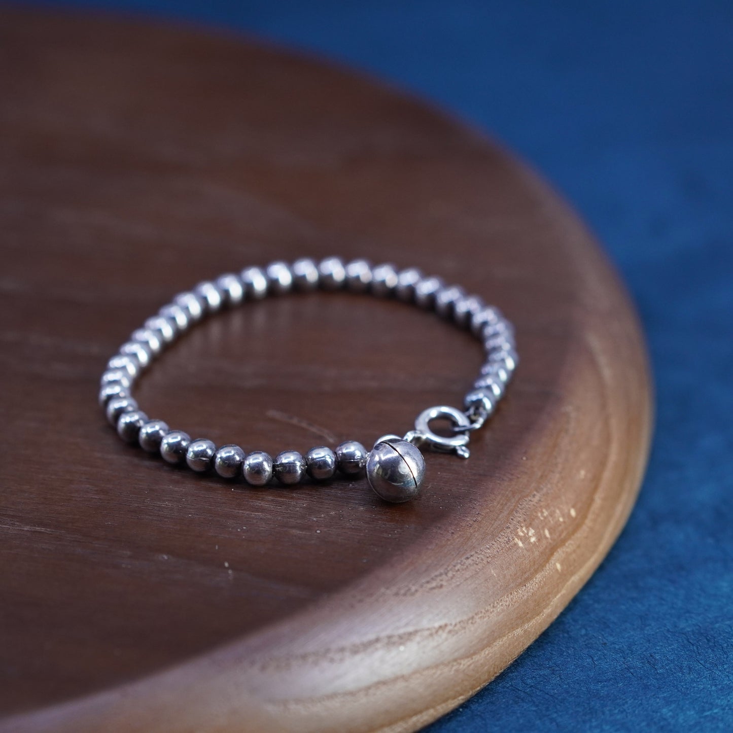 5.5”, vintage sterling 925 silver handmade beads bracelet with chime