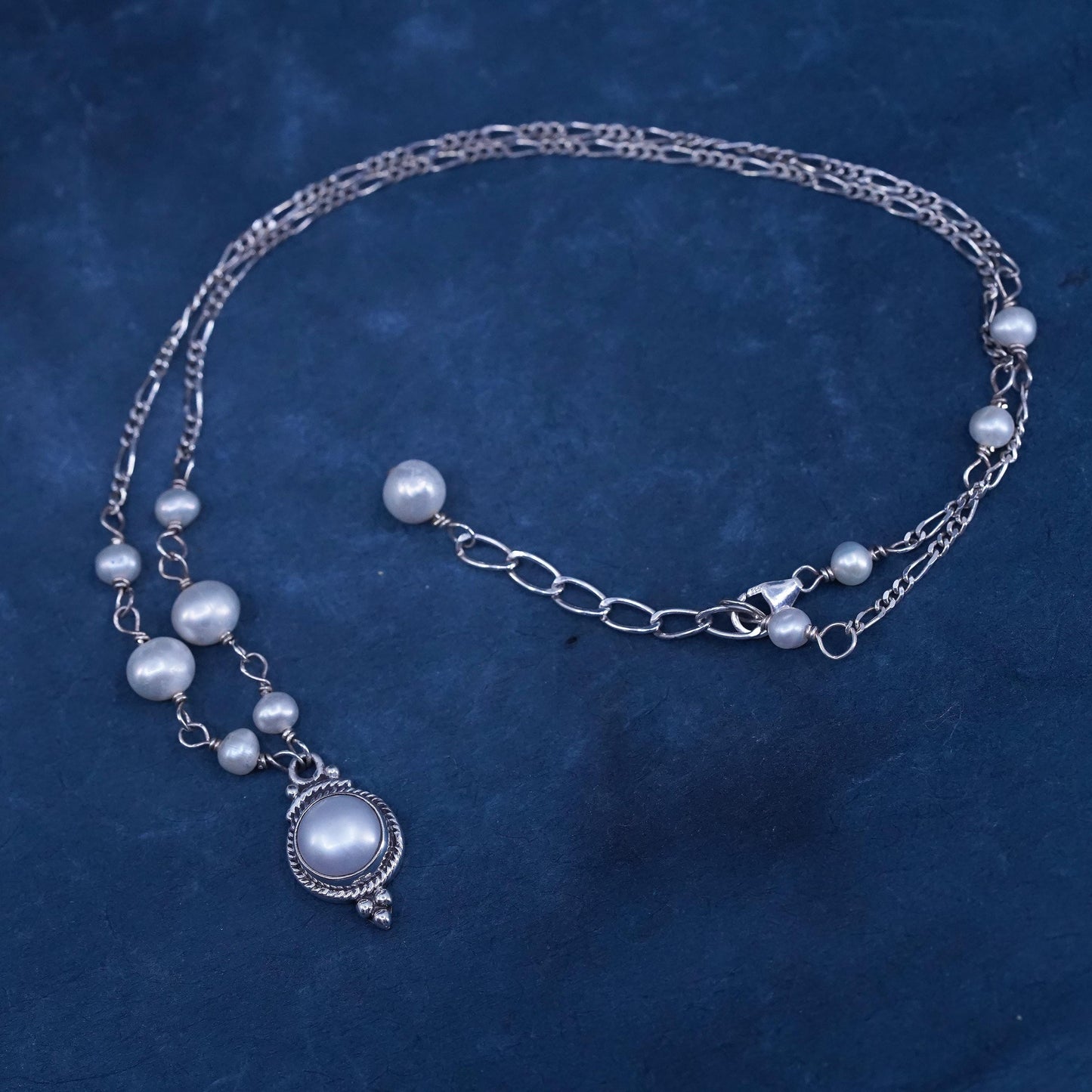 16+1” 2mm, vintage Sterling silver necklace, 925 figaro chain w/ pearl pendant