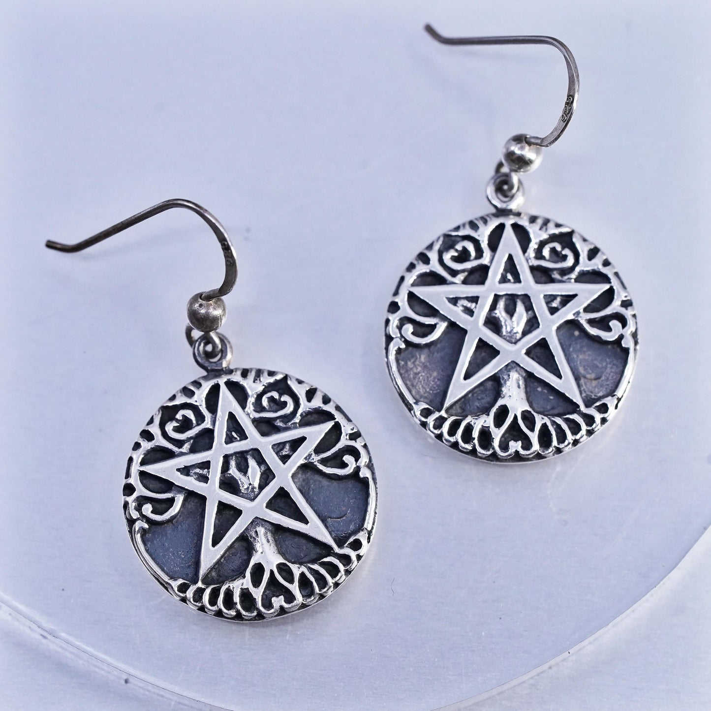 P. Borda 925 Sterling Silver Pentagram Star Earrings, Tree of Life inlay Gothic