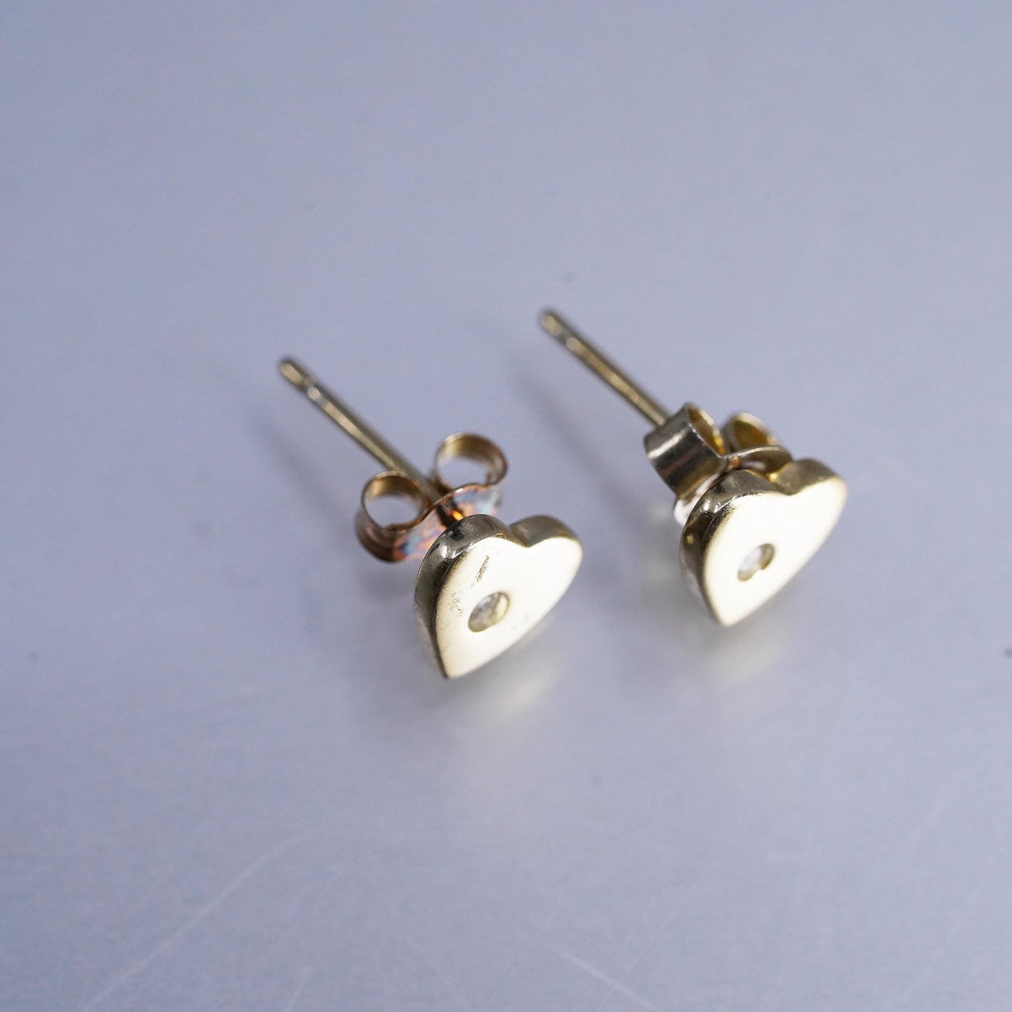 Vintage yellow gold plated Sterling 925 silver heart earrings, studs with cz
