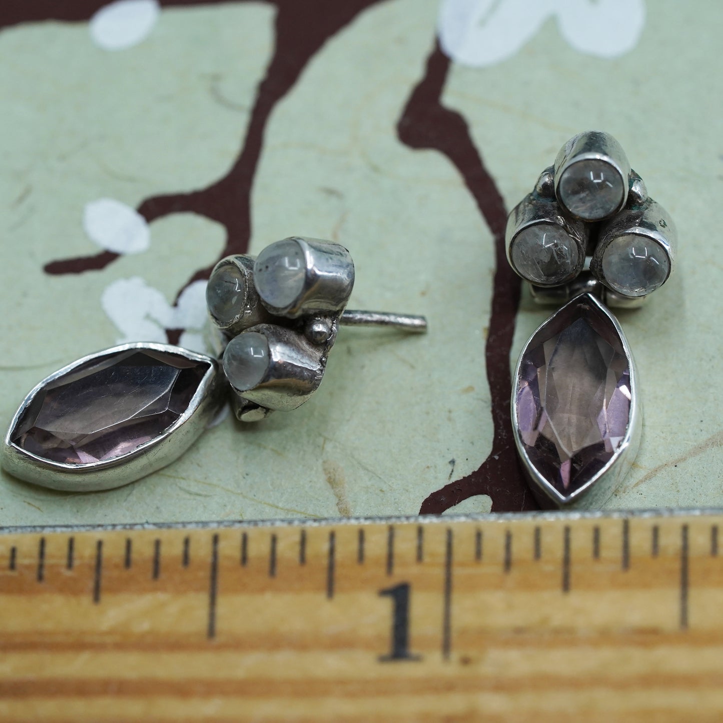 Vintage Sterling 925 silver handmade earrings with amethyst and moonstone