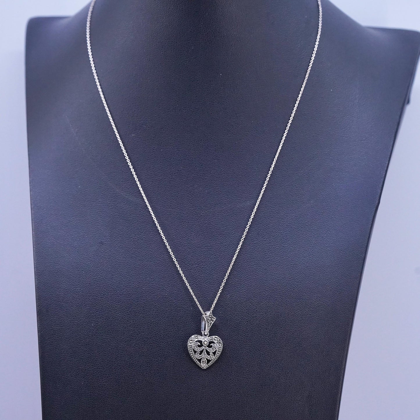 18" Sterling silver handmade necklace, 925 circle chain marcasite heart pendant