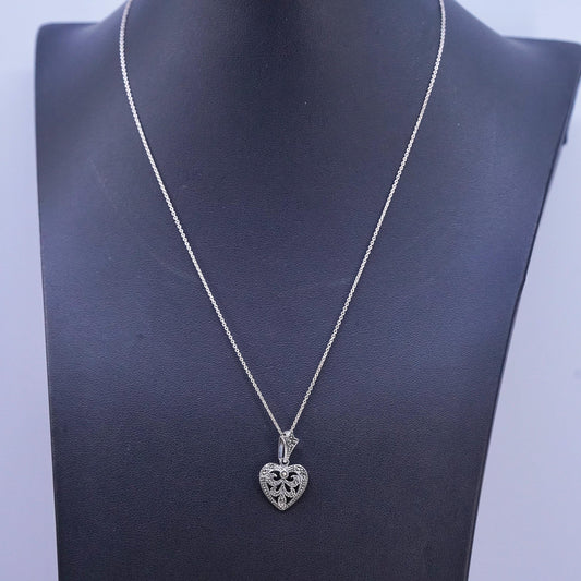 18" Sterling silver handmade necklace, 925 circle chain marcasite heart pendant
