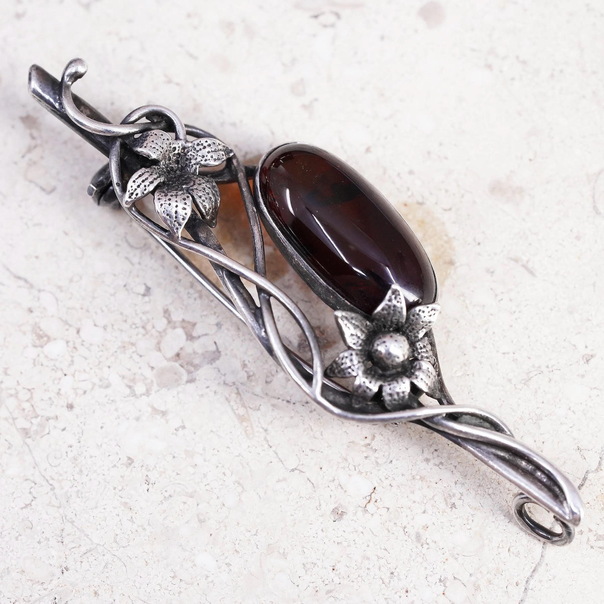 Sterling 925 Silver Amber Brooch Pin, Floral Vine Baltic pendant, Art Nouveau