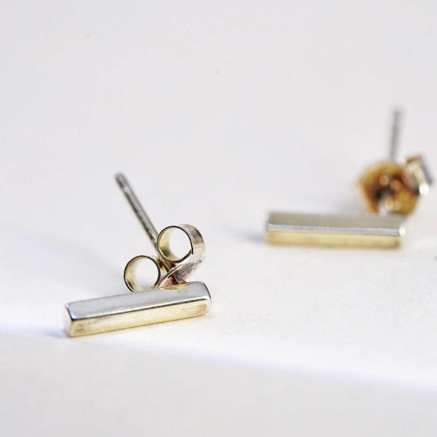 Vintage minimalist Yellow Gold Plated Sterling silver earrings, 925 bar studs