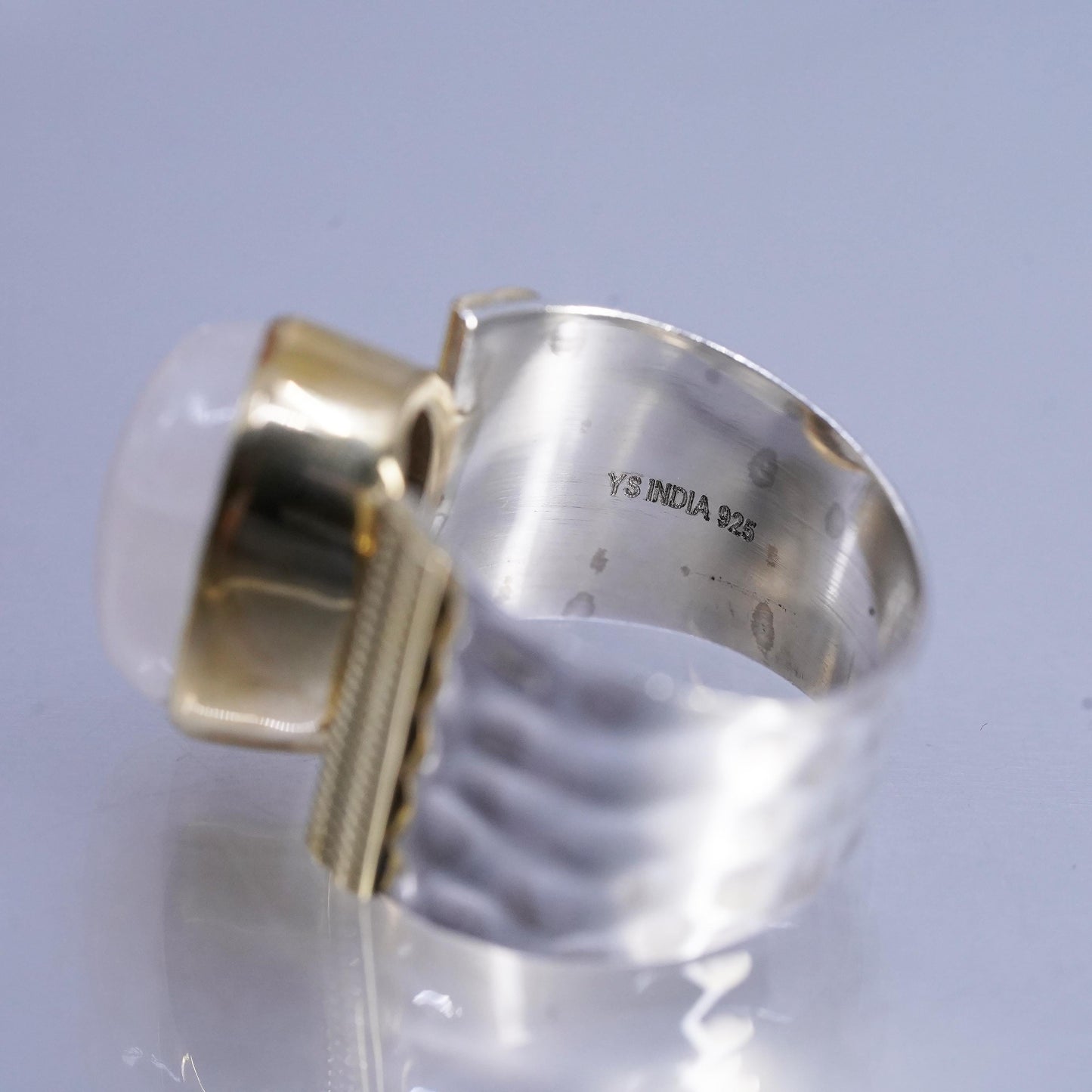 Size 9.25, vintage Indian YS two tone Sterling 925 silver ring oval moonstone
