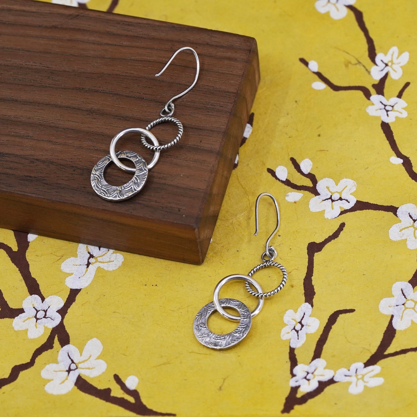 2”, Sterling silver handmade earrings, 925 entwined textured circles dangle