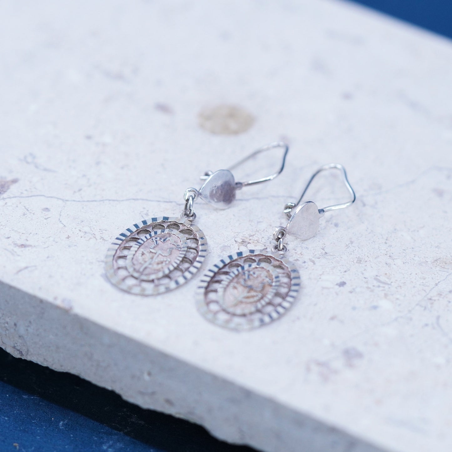 Vintage sterling silver handmade earrings, 925 filigree floral drop