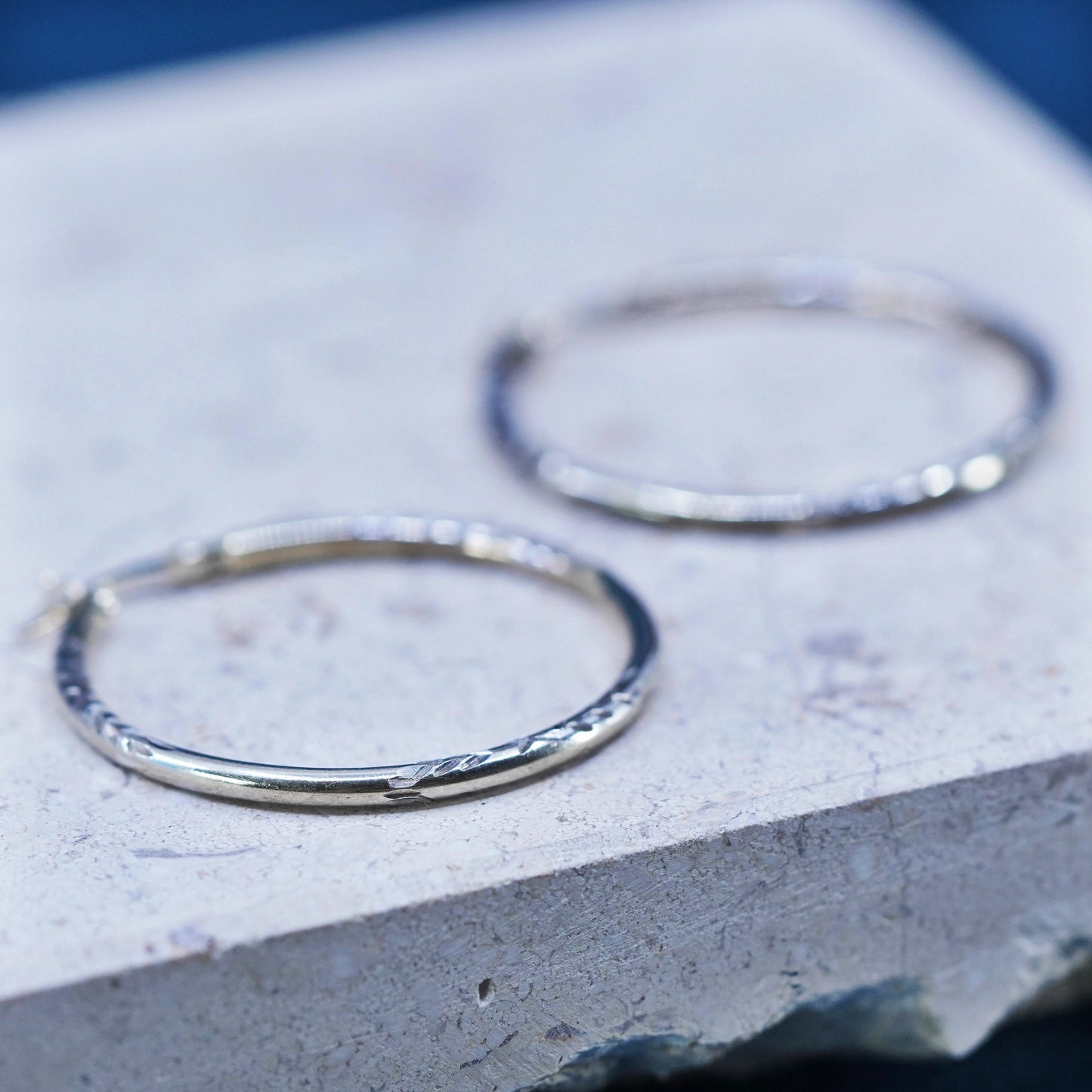 1.25”, vtg Italian two tone Sterling silver hoop earrings, 925 textured huggie
