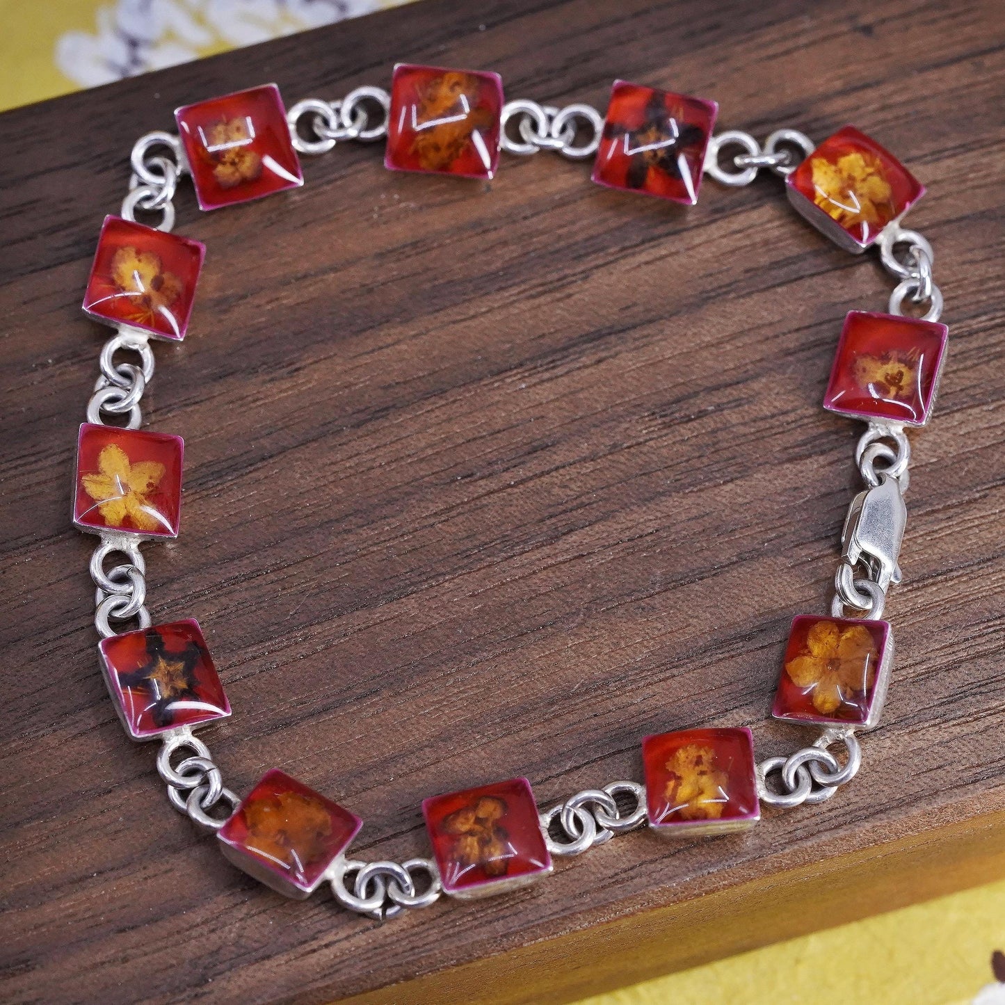 7.5", Sterling Silver Pressed Flower Bracelet, Botanical Resin Link chain, Red