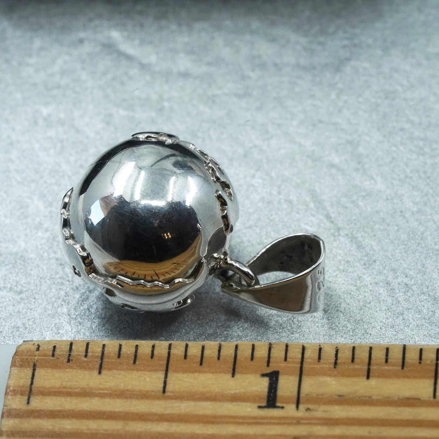 Vintage Mexican Sterling 925 silver chime harmony ball, 925 bell with world map