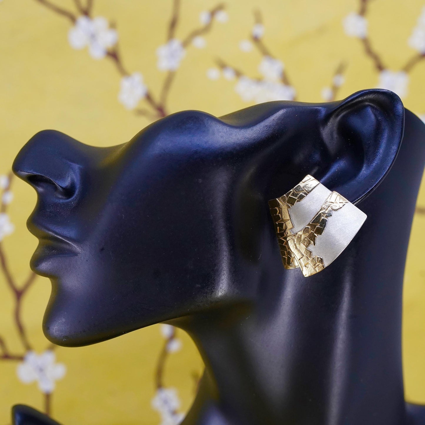 Vintage Two Tone Sterling silver handmade earrings, 925 modern studs with gold