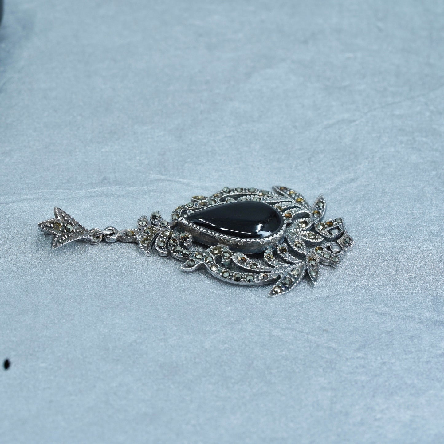 Antique Sterling silver handmade charm, 925 pendant with Marcasite and onyx