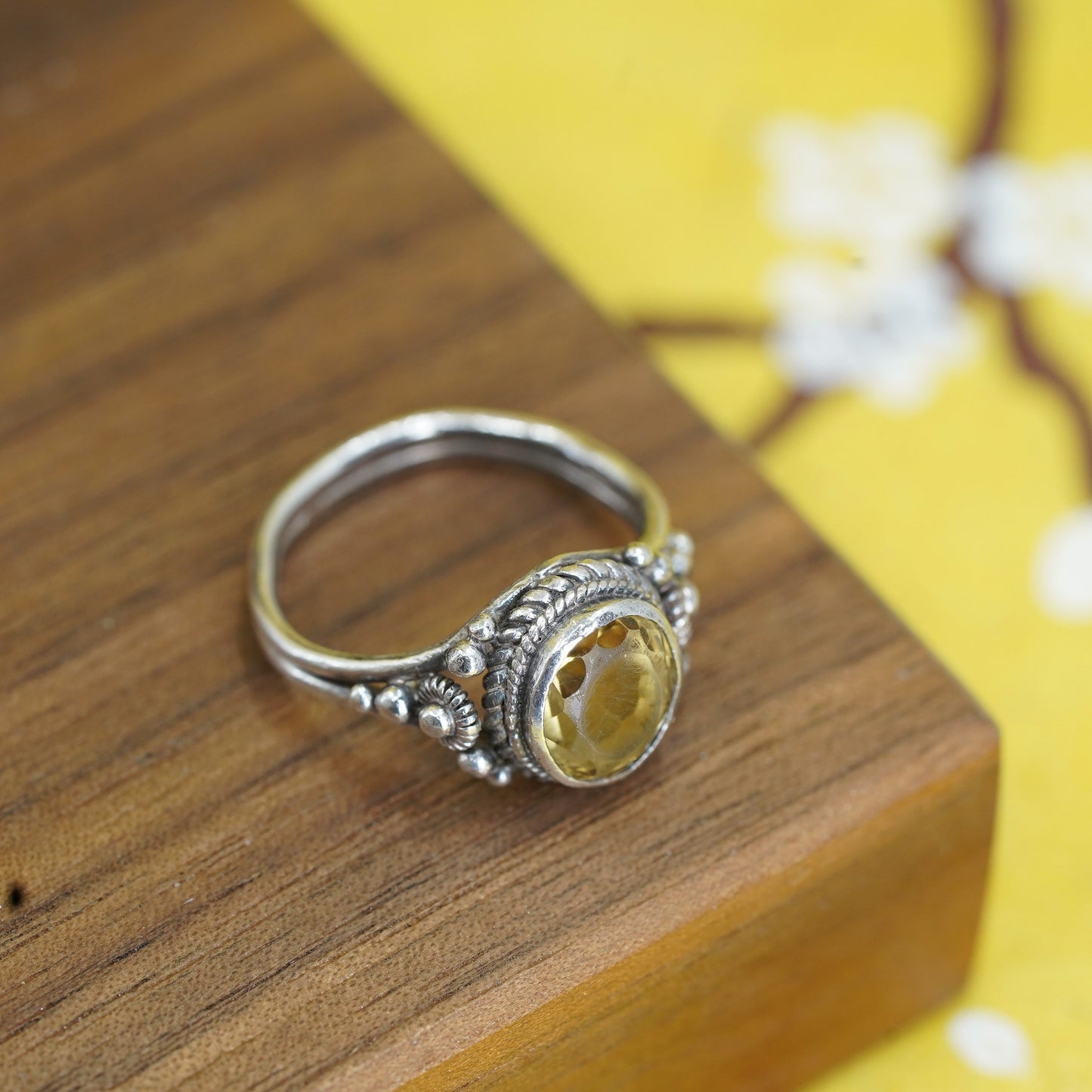 Size 7, vintage Sterling 925 silver handmade statement ring with citrine beads