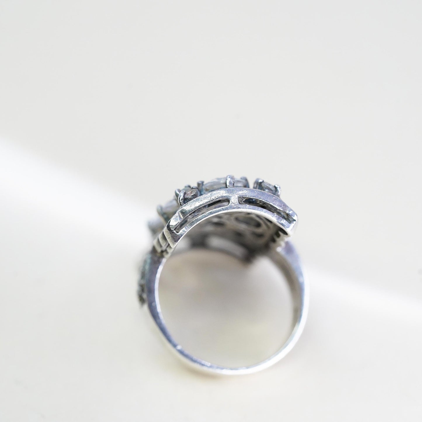 Size 7.25, 925 Sterling Silver Cluster CZ Ring, Marcasite Cocktail, Wide Band