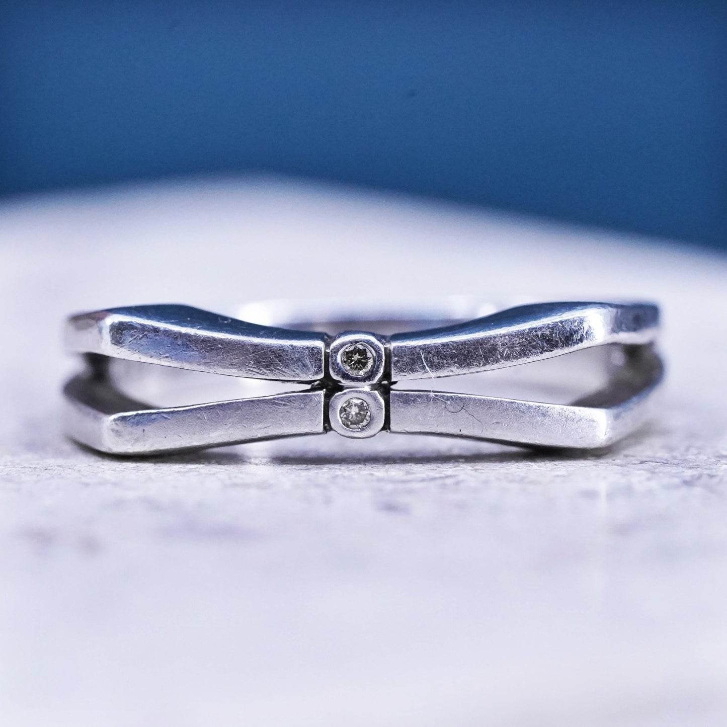 Size 7.25, Judith Jack sterling silver ring, 925 entwined band with diamonds