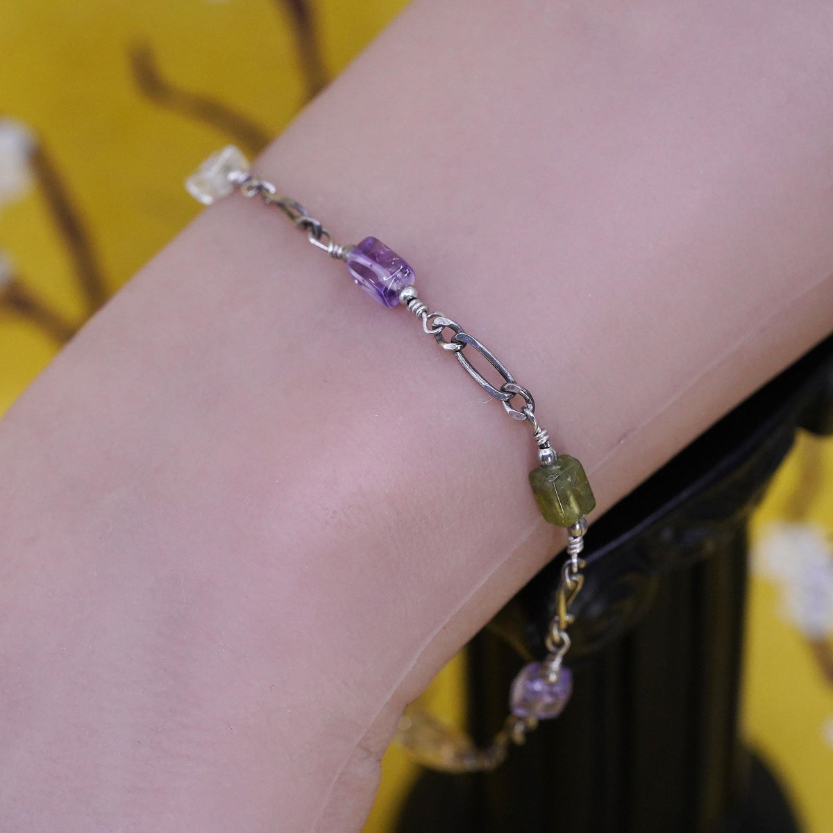 7", VTG Sterling silver handmade bracelet, multi color crystal beads bracelet