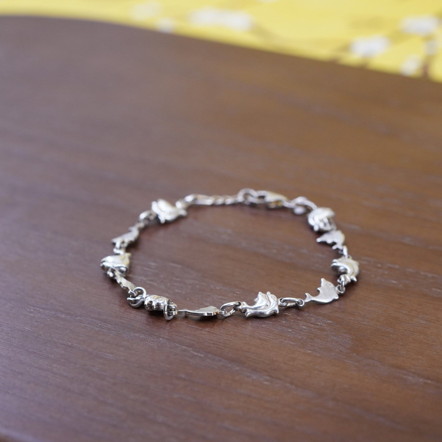 7.75”, vintage sterling 925 silver handmade bracelet, chain with dolphin charms