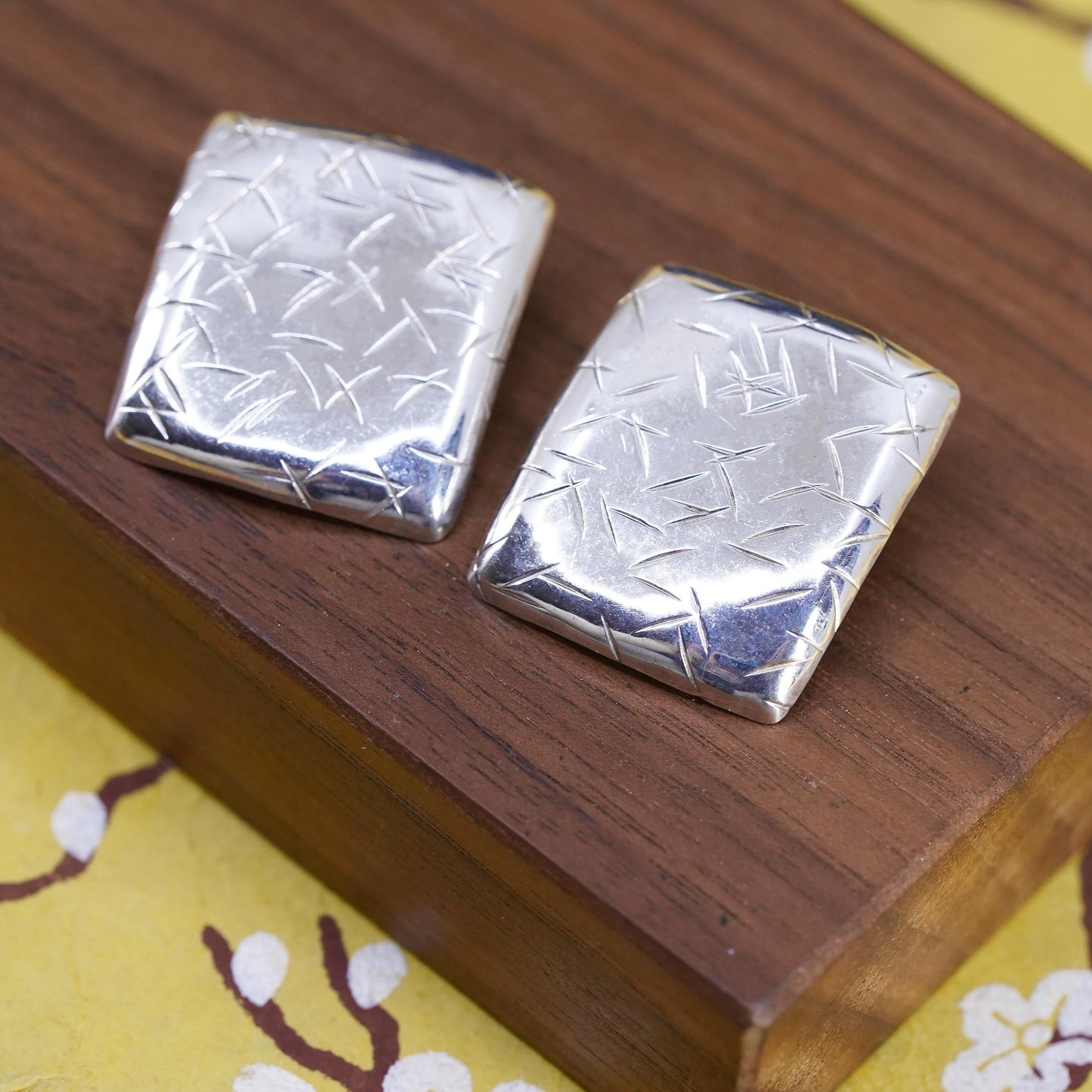Vintage Sterling silver handmade earrings, textured 925 rectangular studs