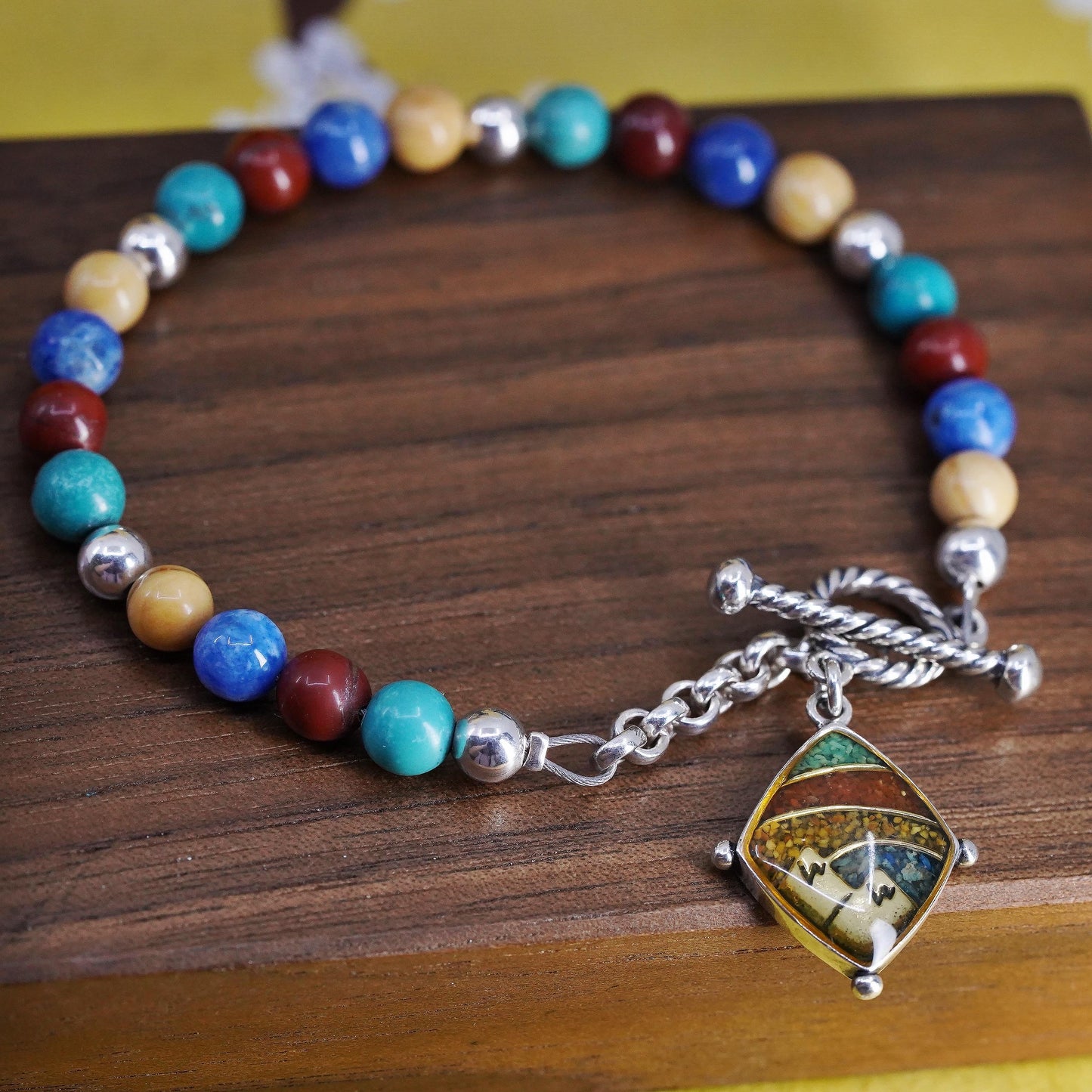 6.5+1", Carolyn Pollack 925 Sterling Silver Beaded Bracelet, Mountain Charm
