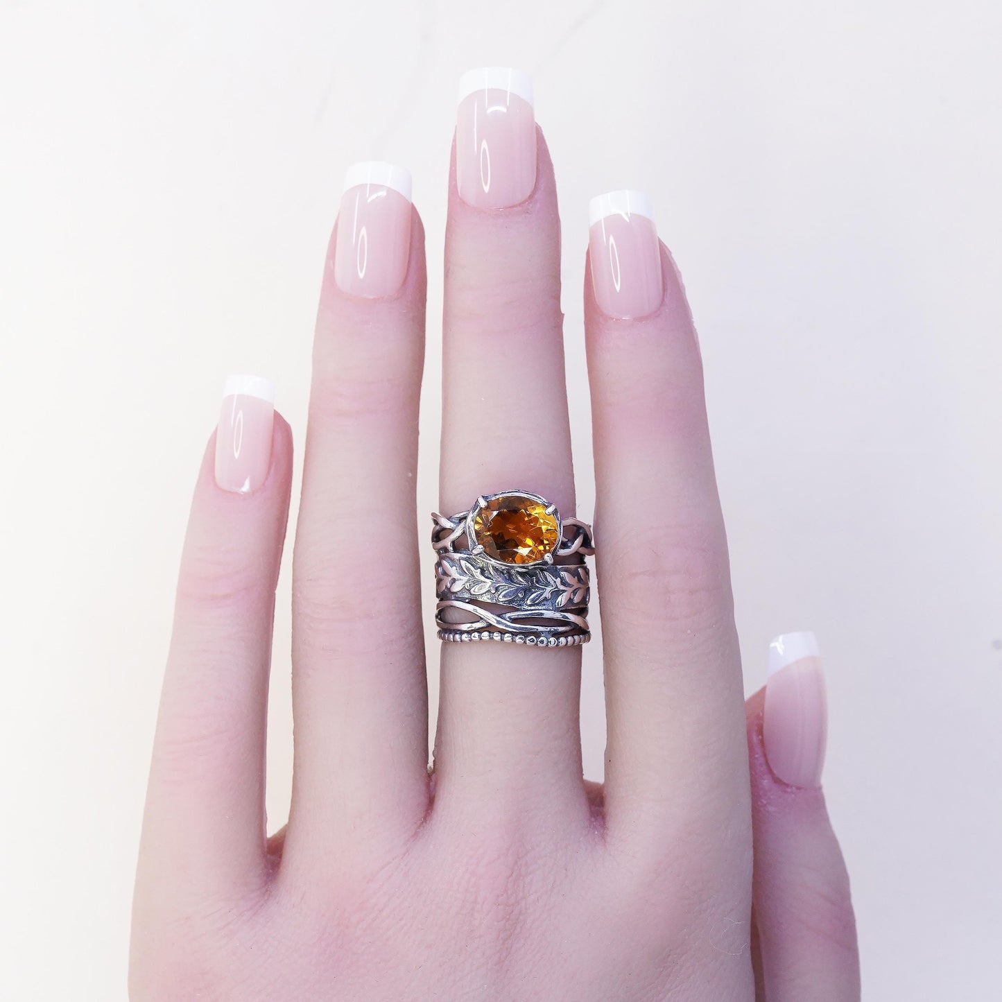 Size 6, VTG Israel PZ Israel Sterling Silver Oval Citrine Ring, Leaf Vine Band