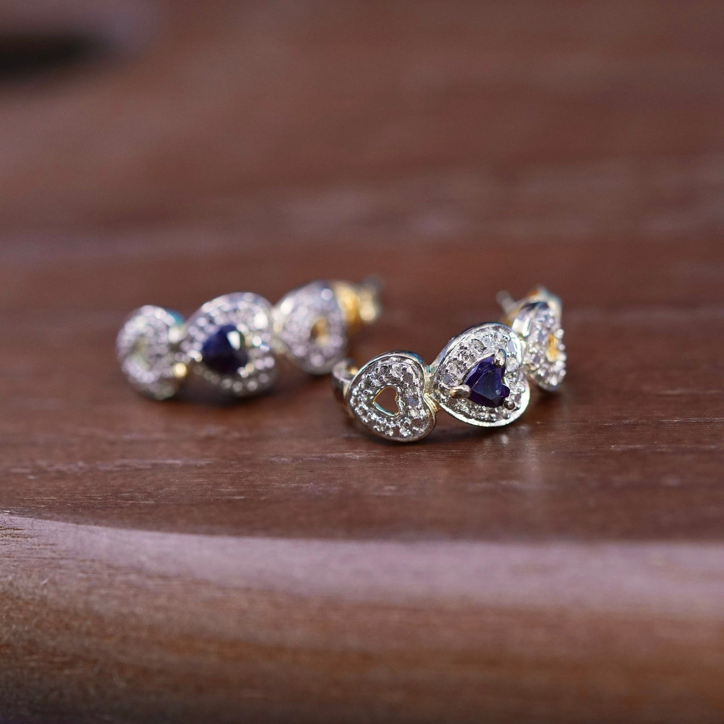 vermeil gold Sterling silver earrings, 925 heart huggie studs sapphire diamond