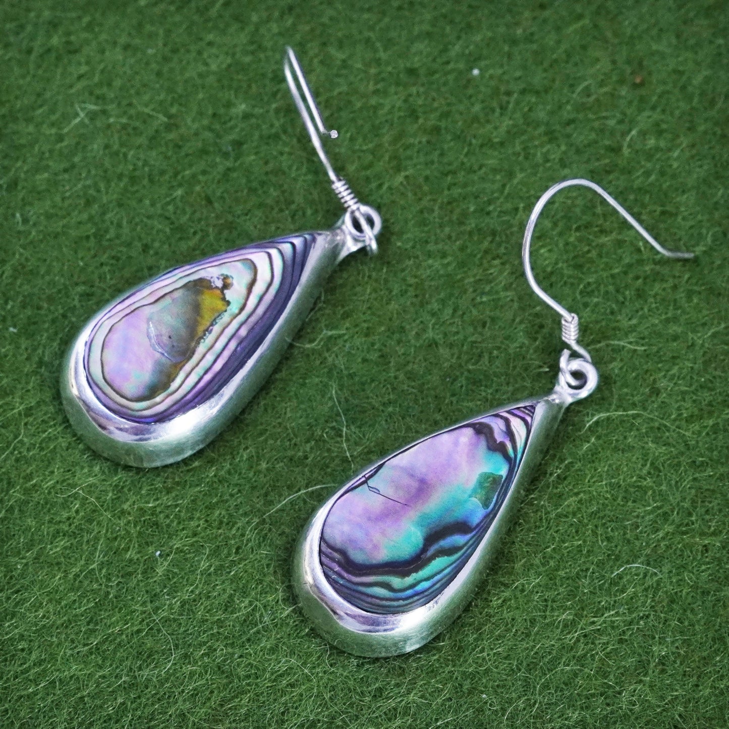 Vintage Mexico sterling 925 silver handmade teardrop earrings with abalone