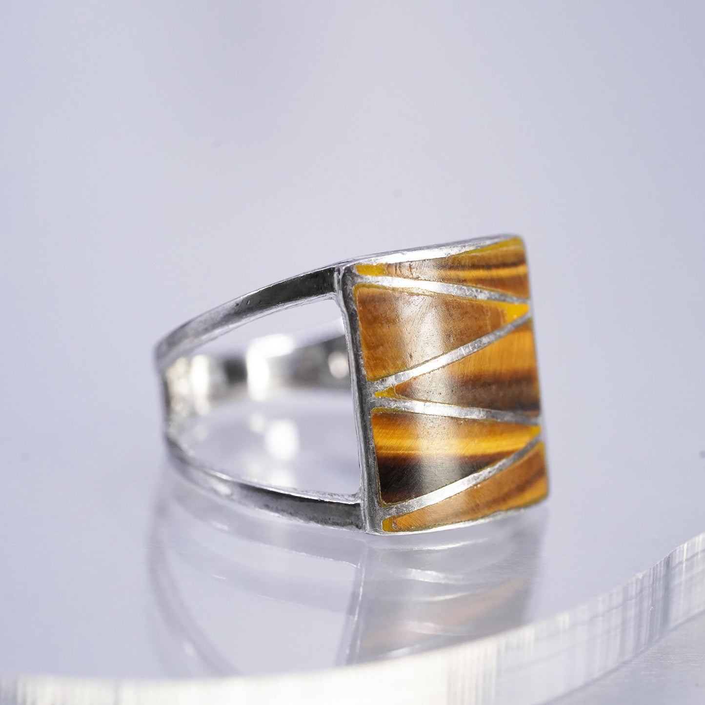 Size 8, vintage Sterling 925 silver handmade ring with golden tiger eye inlay