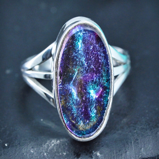 Size 6, vintage Sterling 925 silver handmade cocktail ring w/ blue foiled glass