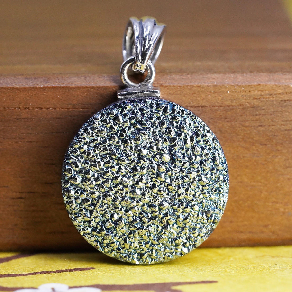 Vintage Sterling silver handmade pendant, 925 circle with blue druzy stone