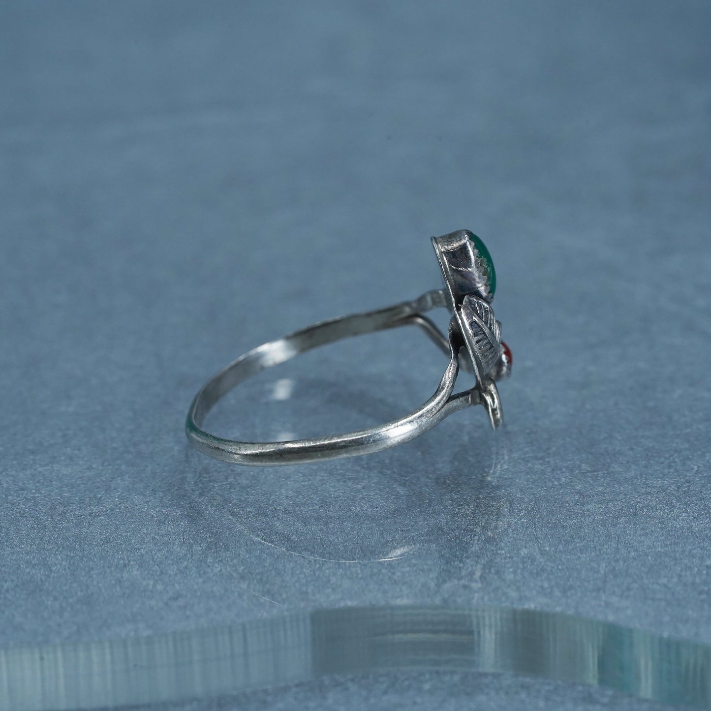 sz 6.5, Native American Navajo Sterling 925 silver ring turquoise coral feather