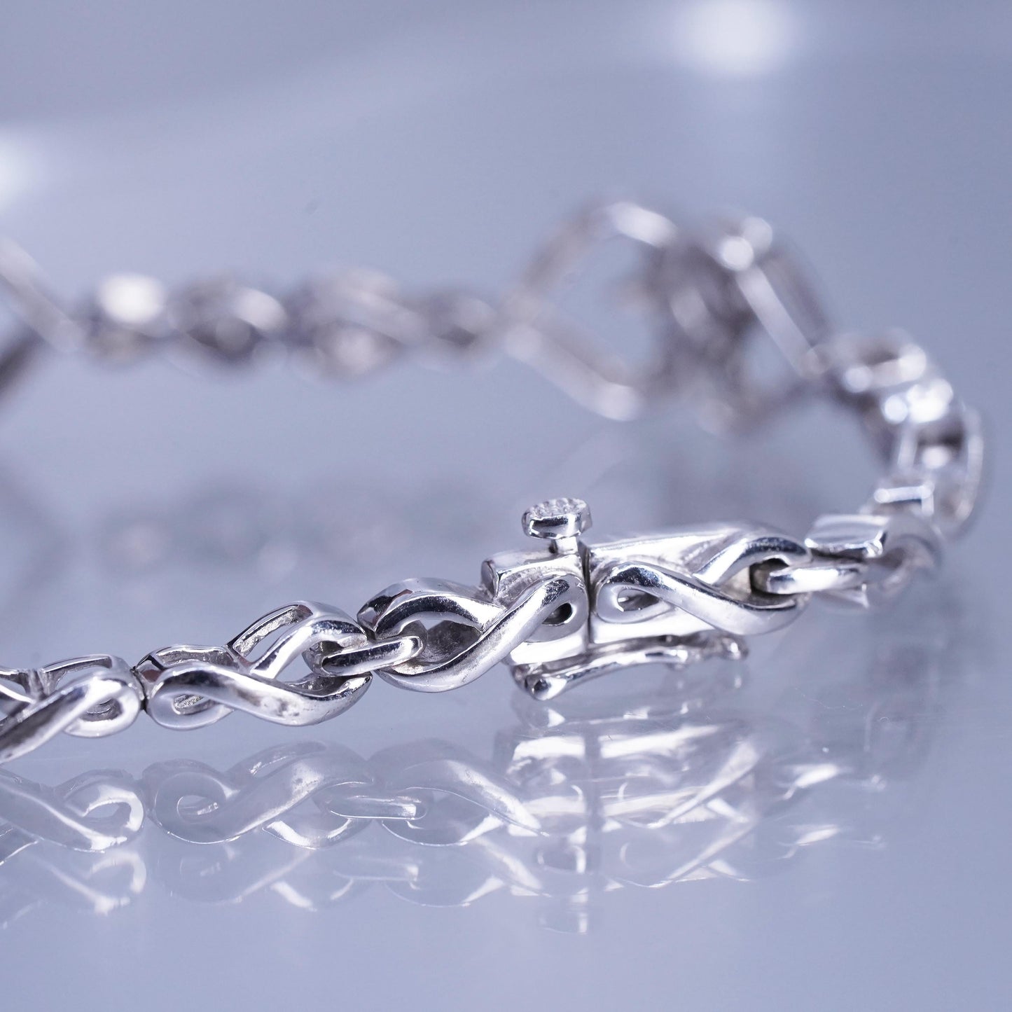 6.75”, Vintage Sterling 925 silver tennis double heart bracelet with diamonds