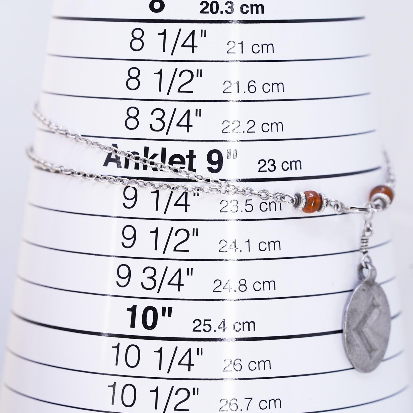 9.25”, sterling 925 silver double strands circle chain bracelet amber charm